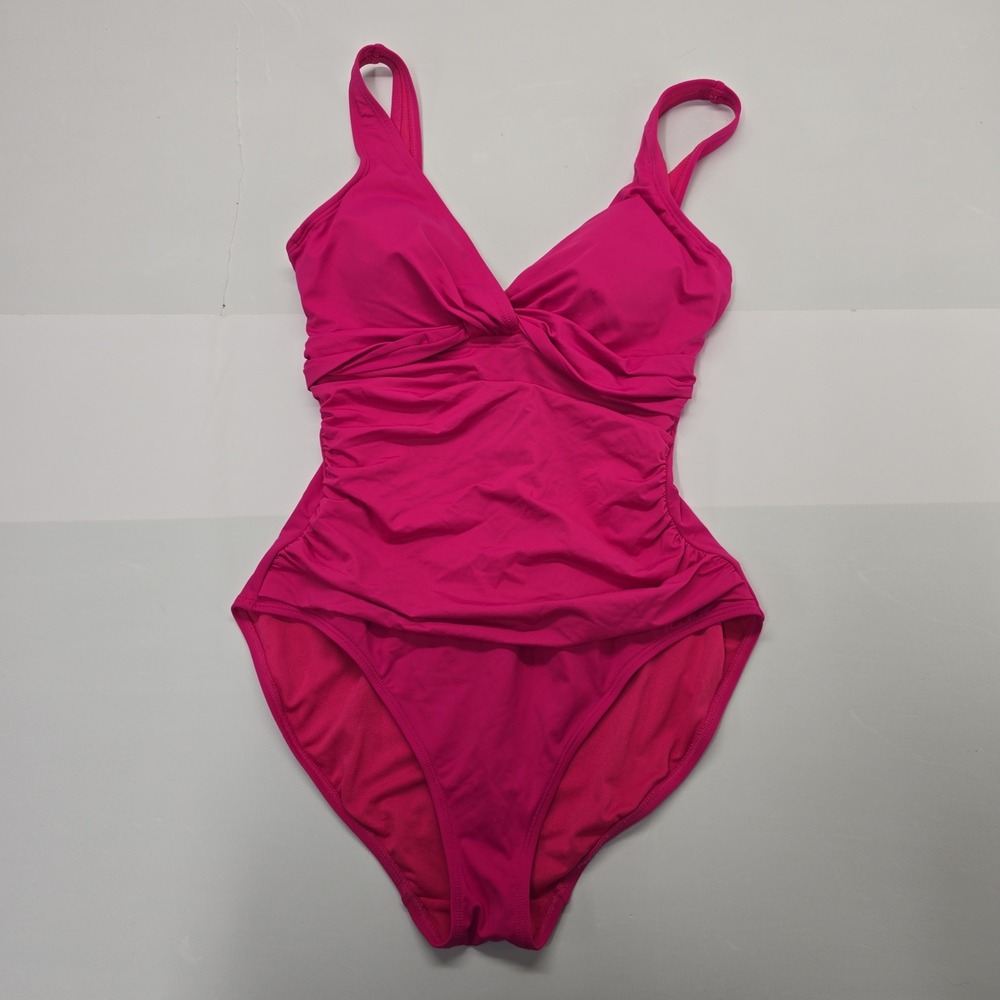 Lauren Ralph Lauren Womens Hot Pink Ruched One Piece Swimsuit V Neck Size 10